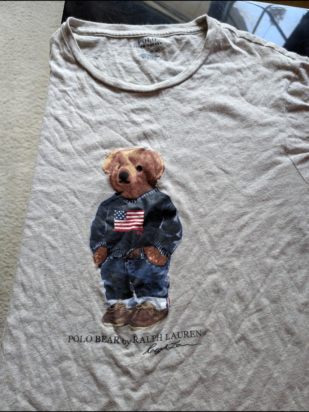 Ralph Lauren Beige Polo Bear Graphic Tee with Navy & Brown Detail